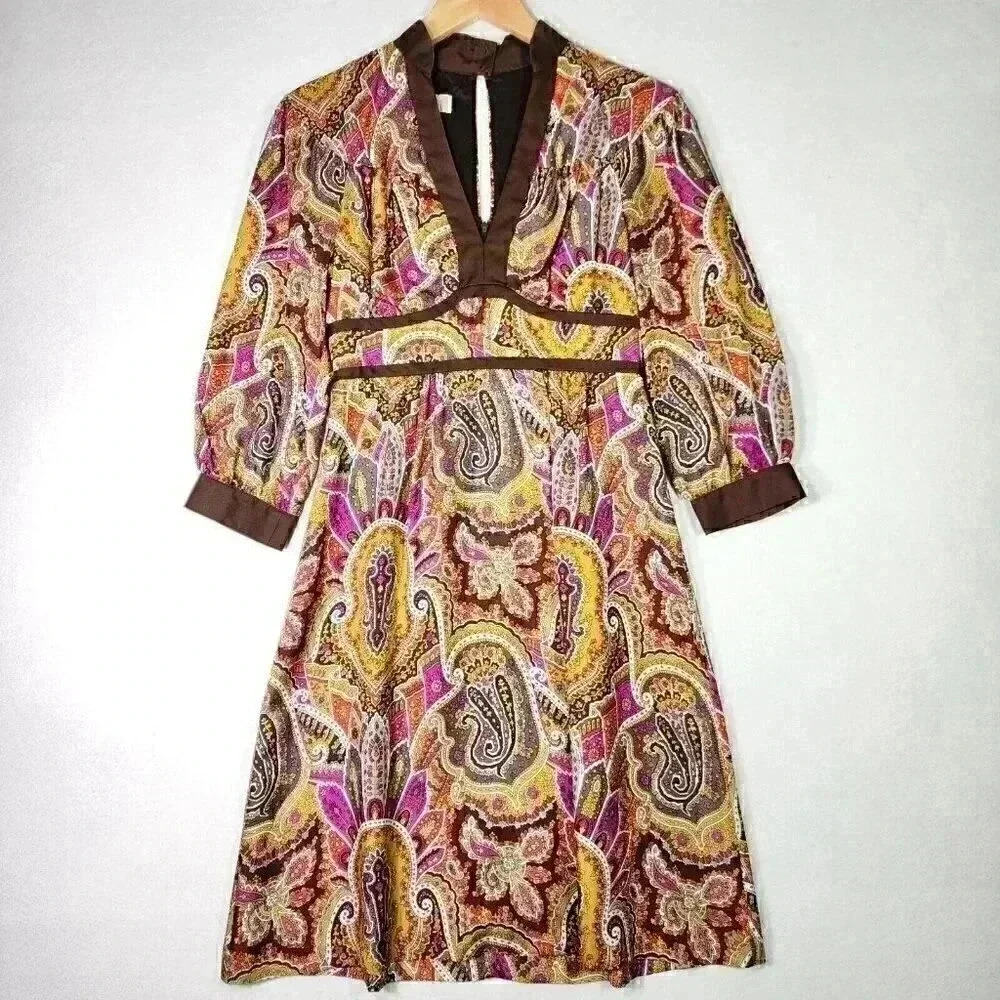 Tibi New York Women's Dress Size 0 Empire Waist 100% Silk Mod BOHO Brown Paisley